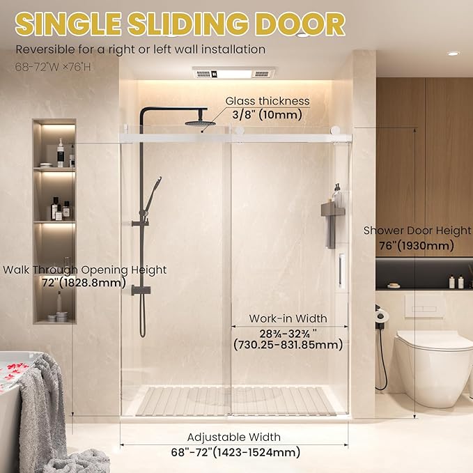 Shower Door 68–72in W x 76 in H, 3/8" Tempered Glass Sliding Shower Door, Frameless Chrome, Soft-Close with Buffer, Reversible Installation for Modern Bathroom