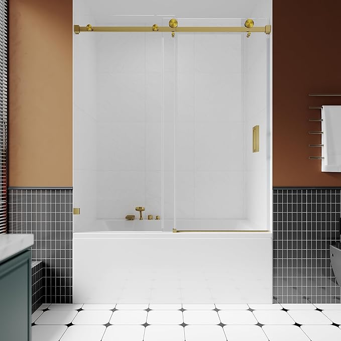 3/8" (10mm) Sliding Glass Shower Door for Bathtub, 56-60" W x 66" H Frameless Bathroom Door with Easy-Cleaning Coating,Satin Brass