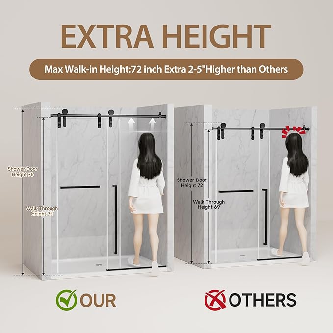 Frameless Sliding Shower Door, 44-48" W x 76" H Shower Glass Door, 5/16"(8mm) Tempered Glass Shower Doors for Walk in Shower with Explosion-Proof Film, Stainless Steel Hardware, Matte Black