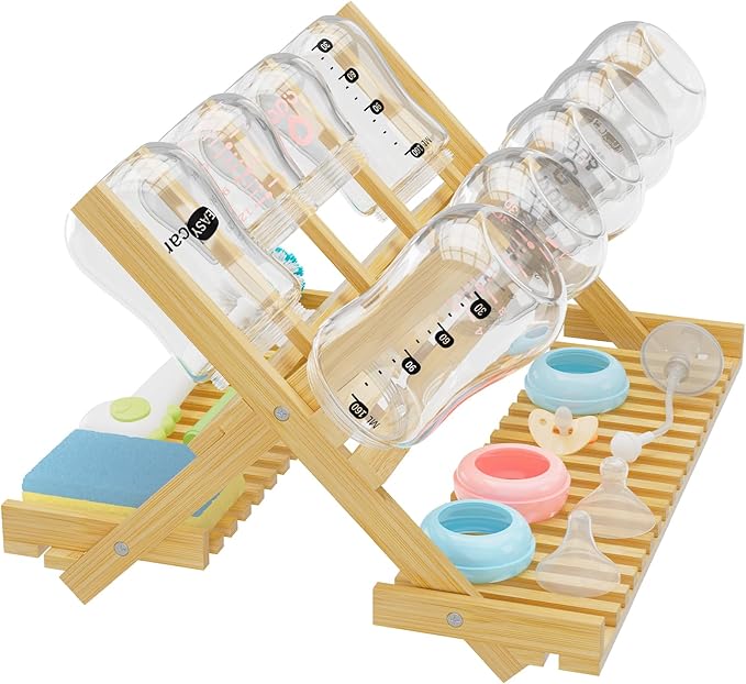 DSVENROLY Baby Bottle Drying Rack Foldable Vertical Bamboo Milk Bottle and Accessories Organizer for Busy Parents, Maximizes Space, Quick Drying, Easy Cleanup & Storage (Bamboo)