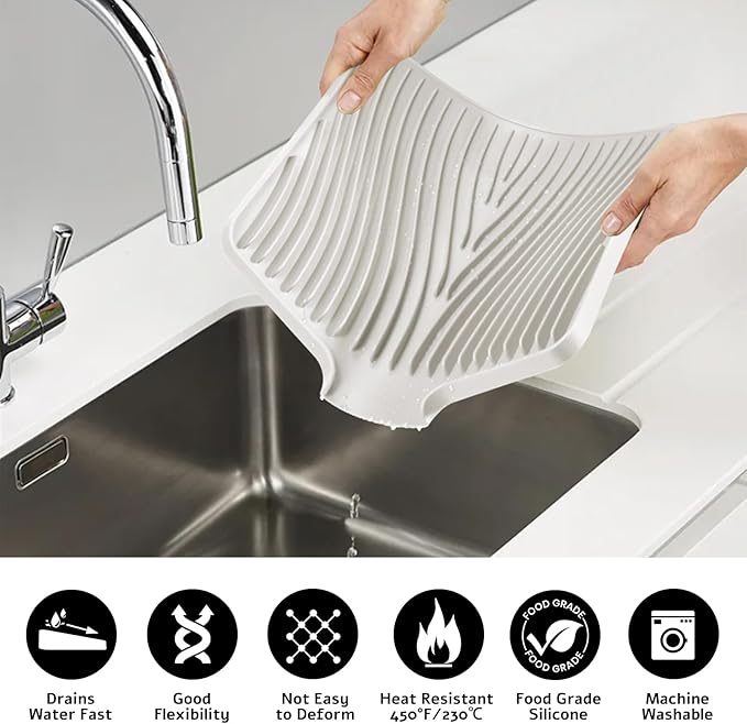 Silicone Dish Drying Mat, Stone Drying Mat for Kitchen Counter with Built-In Drain, Non-Slip Drain Pad with Built-in Drain, Heat Resistant Stone Drying Mat, Cream-2pcs, 16" x 12"