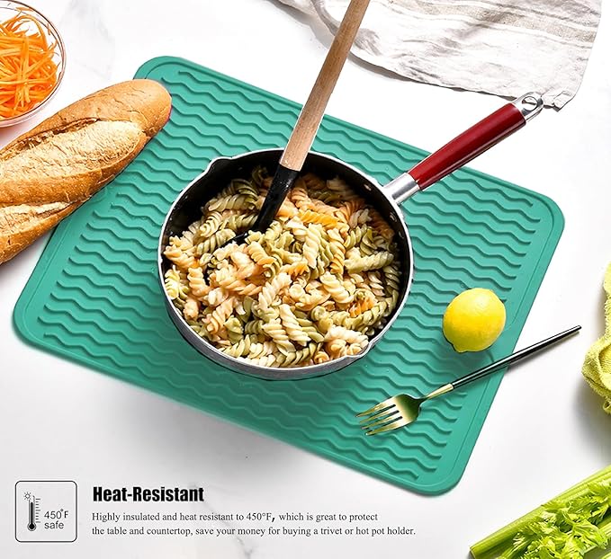 Silicone Dish Drying Mat for Multiple Usage, Easy clean, Eco-friendly, Heat-resistant Dish Drainer Mat for Kitchen Counter,Sink,Refrigerator or Drawer liner (18" x 16", Green)