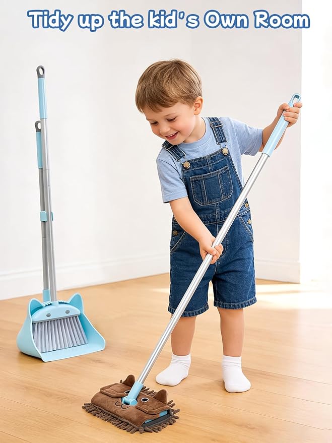Kids Cleaning Toy 3-Piece Set - Broom, Dustpan & Mop | 28-Inch Mini Broom, Toddler Household Helper, Perfect Tool for Cleaning Tiny Corners, Adorable Cartoon Style (Blue)