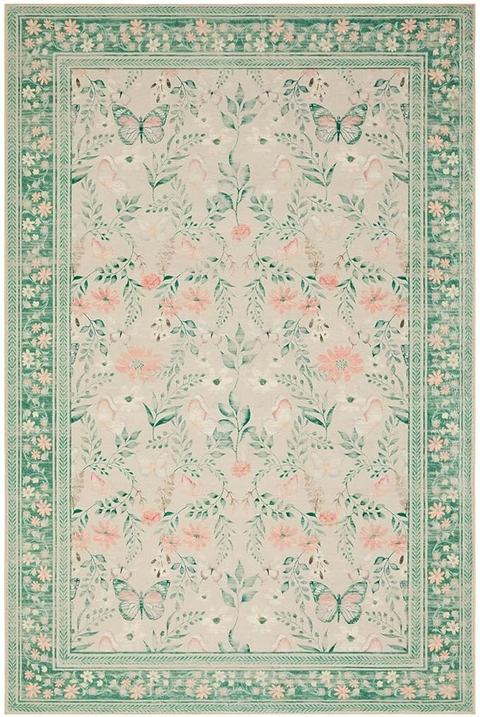 Green Floral Rug for Living Room Bedroom, 5x7 Washable Rug,Vintage Boho Area Rug, Large Non Slip Low Pile Wool Carpet for Indoor Dining Room,Girls Kids Room and Nursery Room(Sage Green 5x7ft)