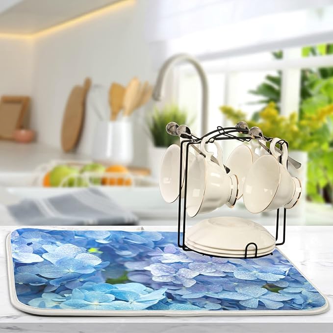 Tarity Blue Hydrangeas Dish Drying Mat for Kitchen Counter Absorbent Heat Resistant Microfiber Dishes Drainer Mat 18x24 in Large Dish Pad Sink Mat Protective Pad Kitchen Decor