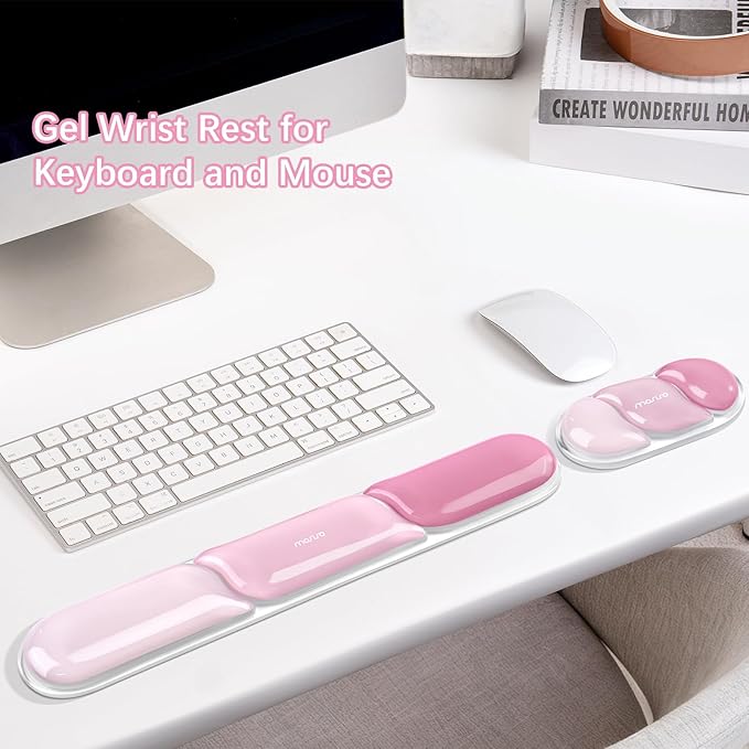 MOSISO Gel Keyboard Wrist Rest&Wrist Support for Mouse, Streamlined Ergonomic Soft Cooling Gel Mousepad Pain Relief Easy Typing Pad Non-Slip Computer Laptop Home/Office, Cherry Pink