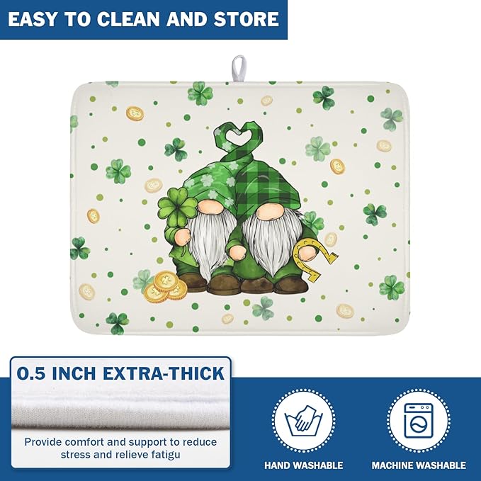 St Patrick's Day Gnome Dish Drying Mat for Kitchen Counter,Inch Lucky Shamrock Gold Coin Drying Mat 18 x 24 Inch with Absorbent Reversible Microfiber Dish Drying Pad for Coffee Bar
