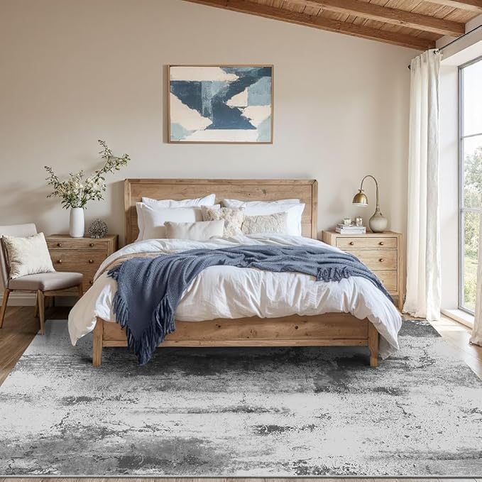 6x9 Area Rugs for Living Room, Modern Abstract Washable Rug, Boho Non Slip Low Pile Carpet for Indoor Dining Room, Bedroom, Office, Dorm, Farmhouse and Kids Room - Grey White