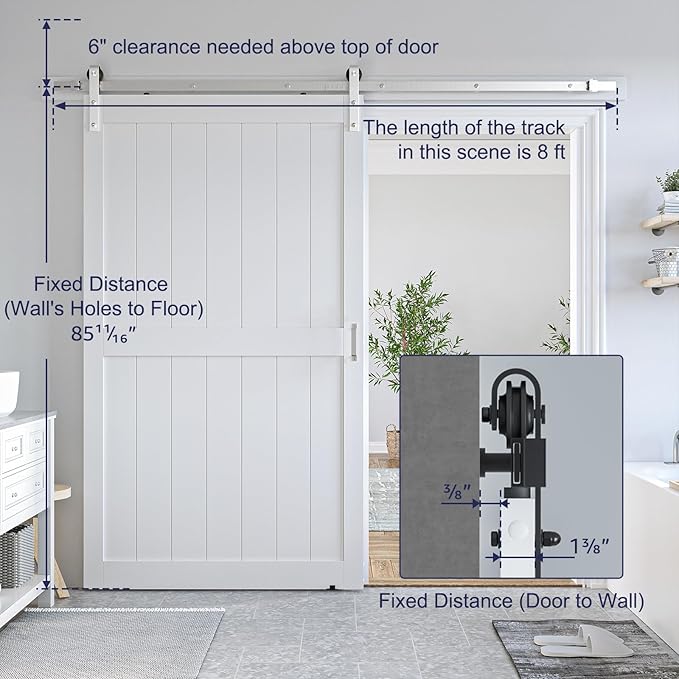 SmartStandard 48 x 84 inch White Sliding MDF Barn Door with 8FT Brushed Nickel Sliding Door Hardware Kit & Handle, Pre-Drilled Ready to Assemble, Waterproof PVC Coating, H-Frame