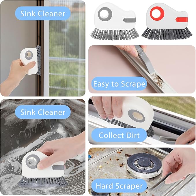 Hecila 2 in 1 Grooves Cleaning Brush Window Track Cleaning Tool Hard Bristle Crevice CleaningsBrushesth Hard Bristles and Scraper Multifunction Plastic Crevice Brush for Sliding Door Track Window Sill