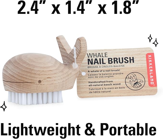 Kikkerland Hand-Crafted Multi-Purpose Beechwood Whale Scrub Brush – Supplies for Manicures and Pedicures, Hand Washing, Vegetable Scrubbing – Nautical Decor, Bathroom Essentials