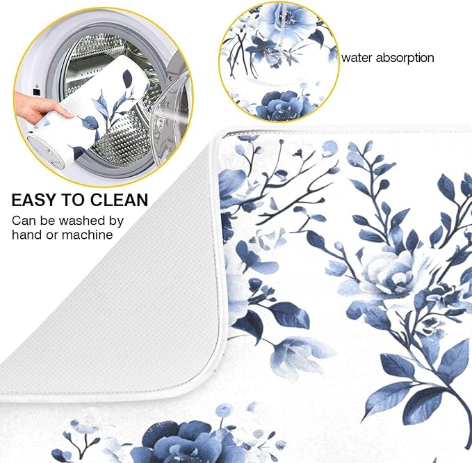 Blue White Porcelain Flower Dish Drying Mat for Kitchen Counter Absorbent Microfiber Drying Pad, Large 18x24 in