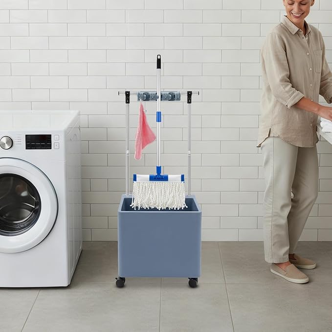 Floor Mop Sink, Mop Service Basin with Cleaning Tool Rack, Floor Mount Slop Sink with Wheels, With Drainage, for Kitchen, Laundry Room, Bathroom and Industrial Use (3 Mop Slots/4 Hooks)