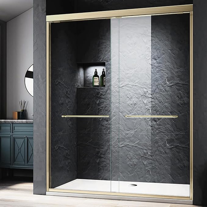 Glass Shower Door,56-60'' W x 72''H Bypass Sliding Door Semi-Frameless Shower Enclosure 1/4"(6mm) Glass Sliding Bathroom Door,Brushed Gold Stainless Steel Hardwares