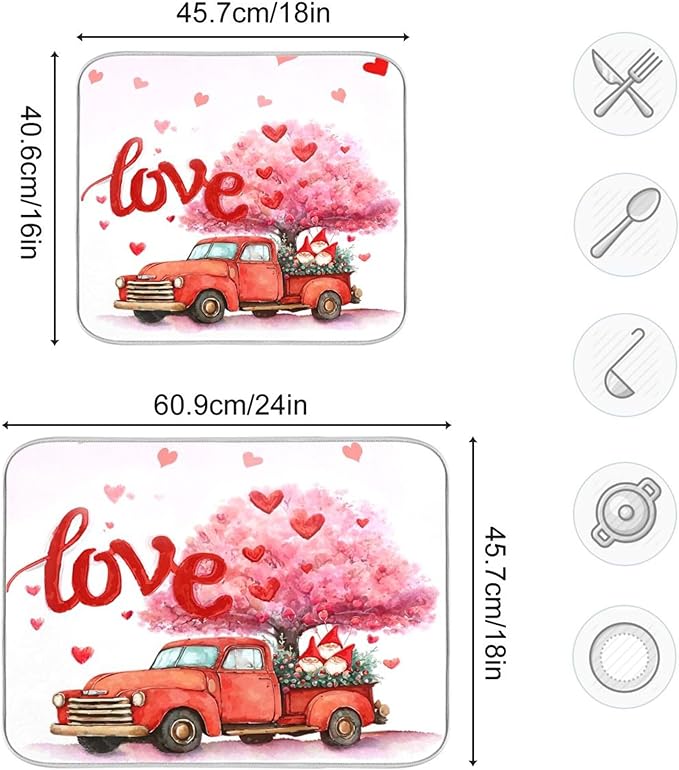 Valentine’s Day Love Tree Dish Drying Mat for Kitchen Countertop 18x24 Happy Valentines Day Gnomes White Large Drying Mat Reusable Quick Dry Dish Sink Mats Easy Clean Decorative Essentials