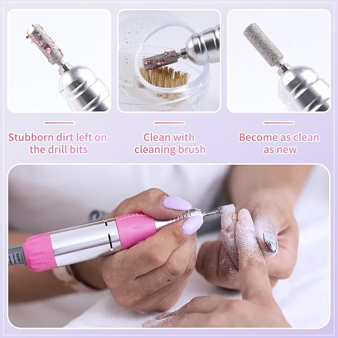 Nail Drill Bits Cleaner Brush Case Accessories, Nail Art Cleaner Tool Case with Steel & Nylon Wire Brush for Cleaning Tungsten Carbide Ceramic Nail Drill Bits Cuticle, White