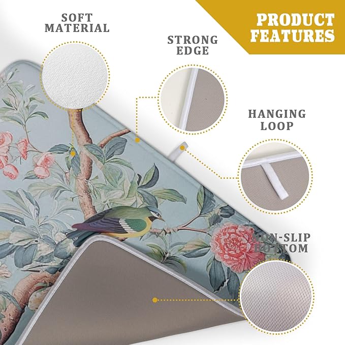 Khope Chinoiserie Dish Drying Mat for Kitchen Counter 18x24 Inch Blue Gray Vintage Bird Floral Reusable Washable Farmhouse Flower Drying Pad Countertop Home Decor