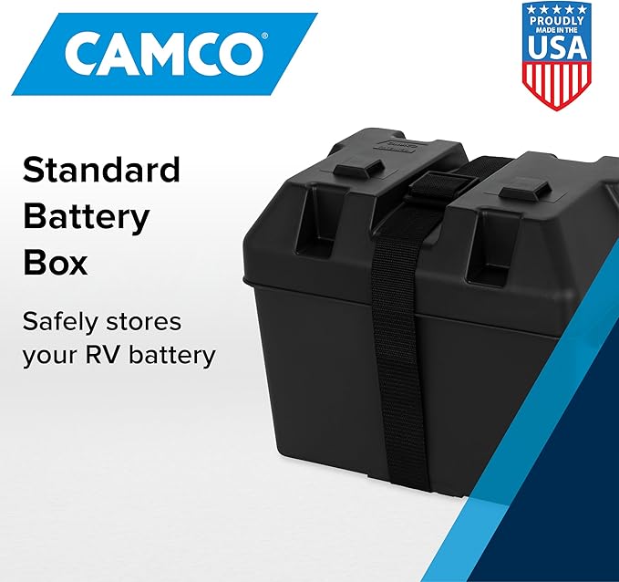 Camco Large Battery Box with Straps and Hardware - Group 27, 30, 31 |Safely Stores RV, Automotive, and Marine Batteries | Measures Inside 7-1/4" x 13-1/4" x 8-5/8" | (55373), Black