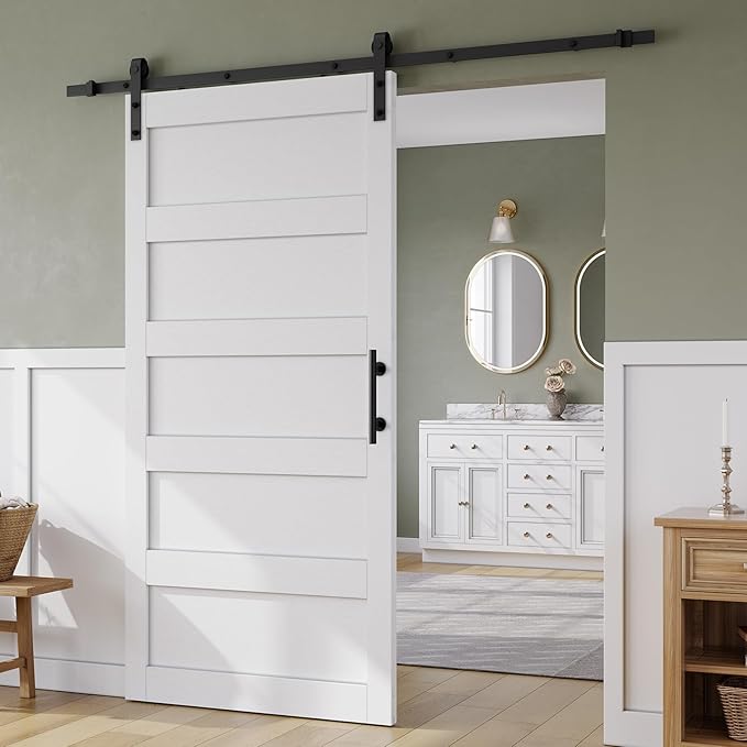 SmartStandard 40in x 84in Sliding Barn Door with 7FT Barn Door Hardware Track Kit & Handle, Waterproof PVC Surface, Pre-Drilled Holes Easy to Assemble, Solid, MDF, White, 5-Panel