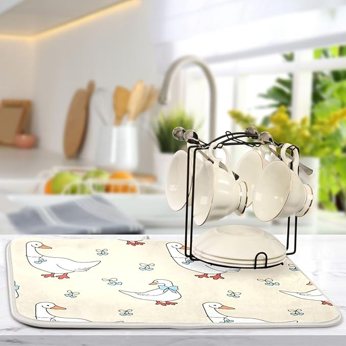 Goose Blue Hearts and A Bow Dish Drying Mat for Kitchen Counter 18x24 inch Super Absorbent Drying Mat Large Dish Drying Mats for Kitchen Countertop Protector Dishes Pad