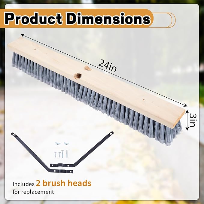 Maxdot 2 Pcs 24” Fine-Sweep Push Broom Head, Threaded Wood Block with Broom Brace for Outdoor Indoor