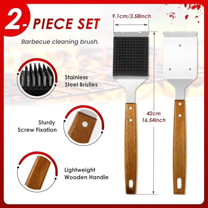 2Pcs Grill Cleaning Brush Set Ergonomic BBQ Brush and Scraper with Wooden Extended Handle Barbecue Cleaning Tool for Barbecue Grill