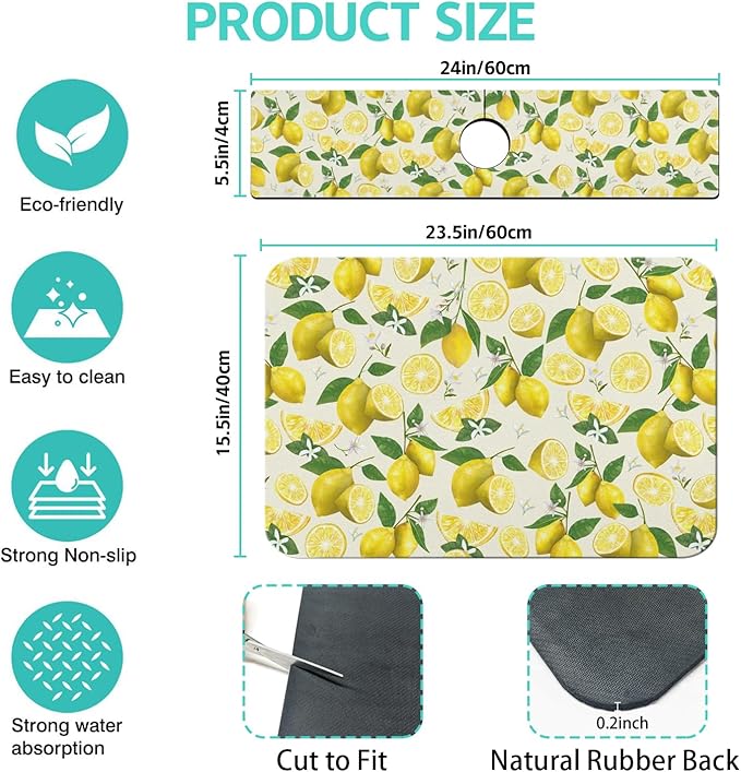 Dish Drying Mat for Kitchen Counter Matt, 2PCS 23"x15" Dish Drainer Mat & 24"x5.5" Sink Splash Guard, Super Absorbent Non-slip Rubber Backed