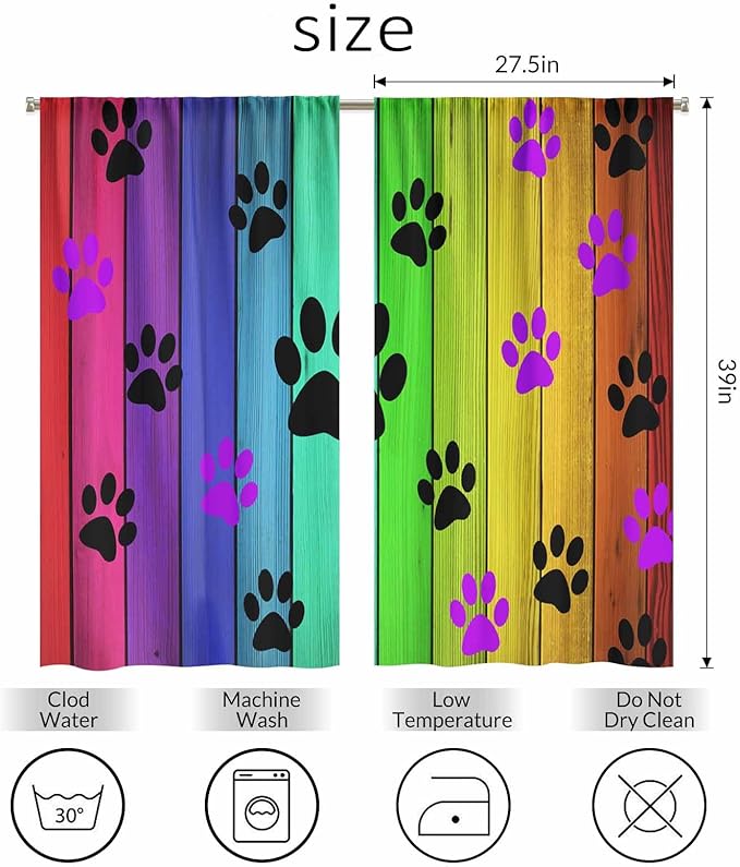 Dog Paws Kitchen Curtains Cute Puppy Paws Colorful Wood Board Short Tier Curtains for Bathroom Cafe Small Window Drapes Treatment 2 Panels (27.5x39 Inch)