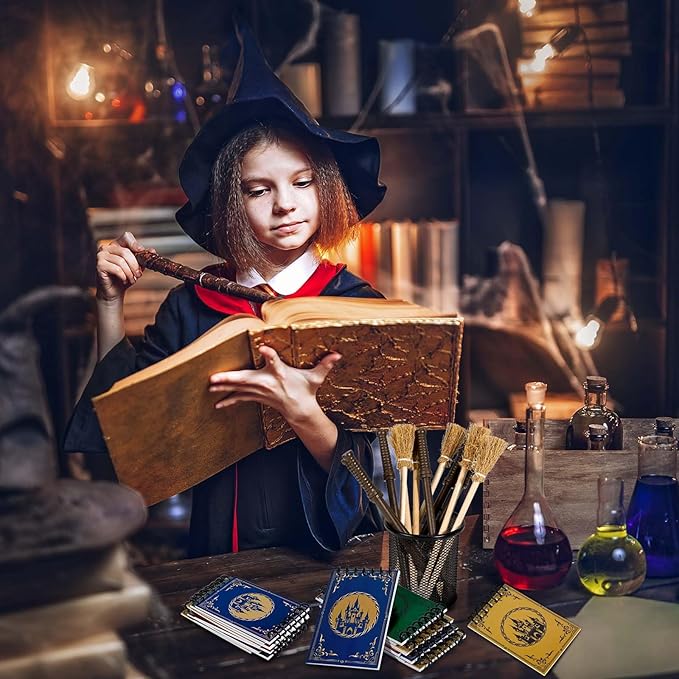 24 Pcs Magical Wizard Notepads Set Spiral Notebooks and Magic Wand Pencils Witch Broom Pencils Magical Wizard School Mini Notepads Small Pocket Journal Goodie Bag Stuffers for Wizard School Classroom Favors Supplies