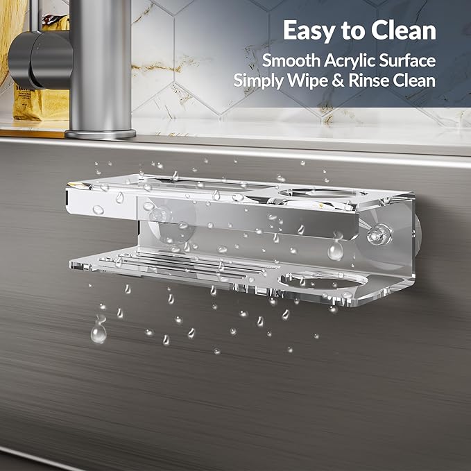 NiHome Acrylic Sponge Holder for Kitchen Sink, Compatible with Scrub Daddy Holder, Sink Caddy Kitchen Organizer with Suction Cups & Adhesive Mounting for Sponge, Soap, Dish Brush, Scrubber