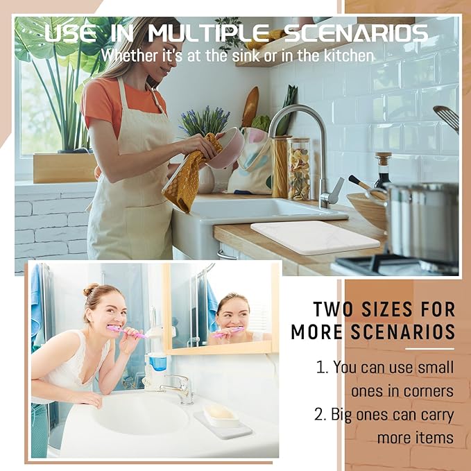 4 Pcs Absorbent Diatomaceous Dish Drying Mat Set White Non Slip 12x8in ＆ 9x3in Drying Mat Heat Resistant Small Size Hard Draining Instant Dish Pad for Rack Kitchen Counter Bathroom Sink