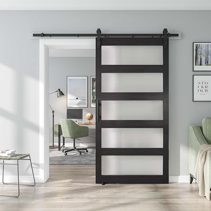 42'' x 84'' Glass Barn Door and 7 Ft Hardware Kit Included, MDF White Barn Door Slab with Frosted Glass, PVC Surface, Combined with Handle and Floor Guide-Assembly Required, Dark Grey
