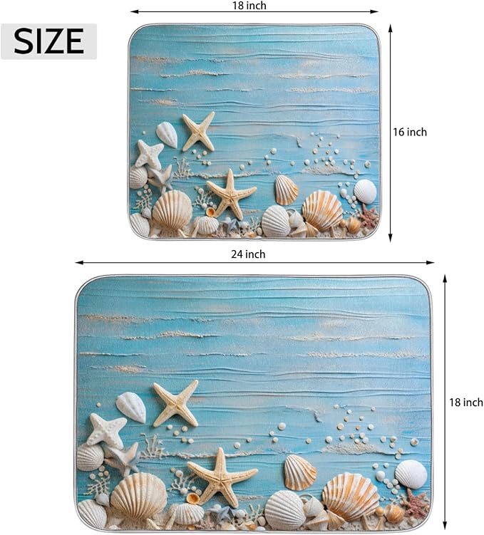 Dish Drying Mat for Kitchen Absorbent Drying Mat Reversible Kitchen Drying Pad for Utensils Pots Water Cup Sea Star Shell