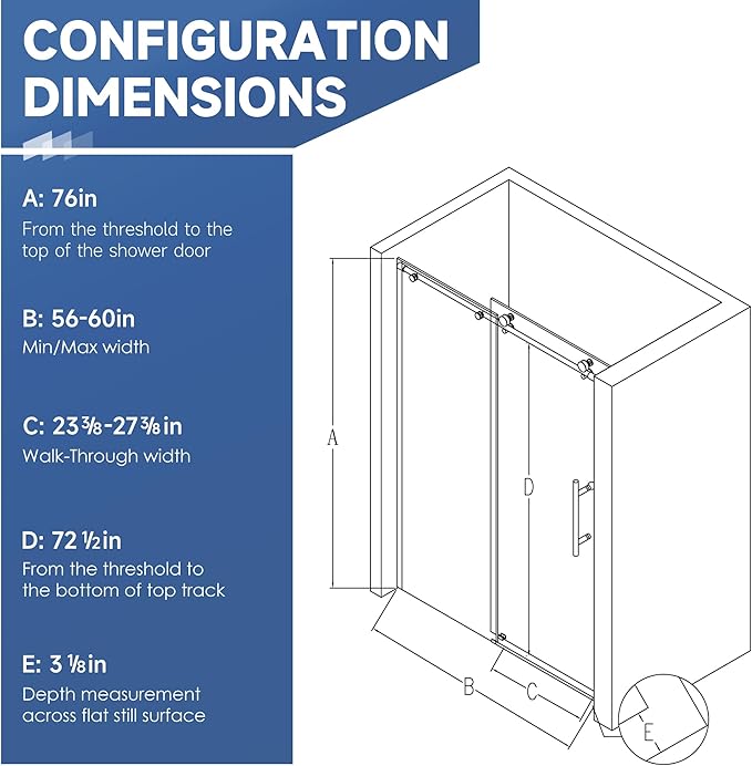 Frameless Sliding Shower Door 56-60" W x 76" H, 1/4" Tempered Glass Matte Black Reversible Single Bypass Sliding Design with Stainless Steel Rollers Soft-Close Waterproof Seal for Modern Bathroom