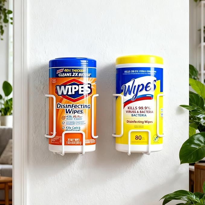 Wall-Mount Wipes Holder, Wipes Dispenser for Surface Cleaning Wipes, 5mm Steel Wire, Easy-Load Design with Strong Adhesive Backing (White, Small)
