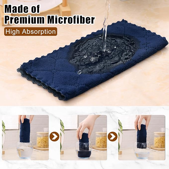 Mordimy 24 Pack Kitchen Cloths Dish Towels (10" x 10", Dark Grey & Navy Blue), Super Soft and Absorbent Dish Cloths, Coral Velvet Microfiber Cleaning Cloth, Nonstick Oil Fast Dry Dishcloths