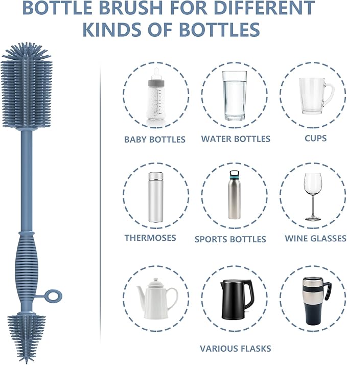 Silicone Bottle Brush,Double Sided with Sturdy Handle,Easy to Clean & Scratch-Free Brush for Baby Bottles,Sports Bottles,Insulated Bottles and 30/40 oz Tumblers (Blue)
