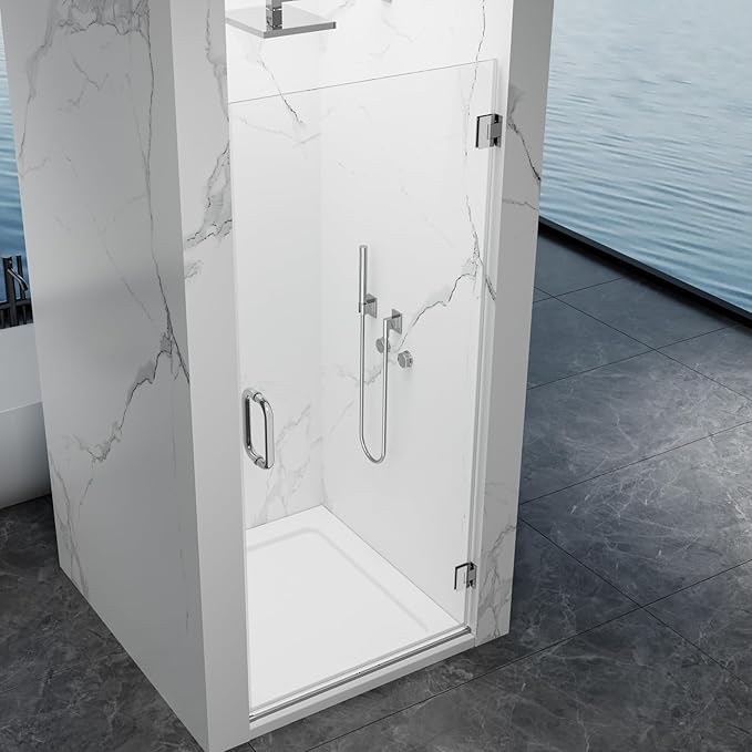 Framelss Hinged Shower Door, 34" W x 76" H Single Swing Pivot Shower Door, 3/8" (10mm) Tempered Glass with Nano Coating, Stainless Handle, Glass Door for Walk-in Shower - Bright Chrome