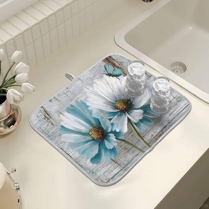 Rustic Teal White Daisy on Vintage Wooden Dish Drying Mat for Kitchen Counter Absorbent Microfiber Large Drying Pad Dish mats for Kitchen Countertops 18 x 24 Inch
