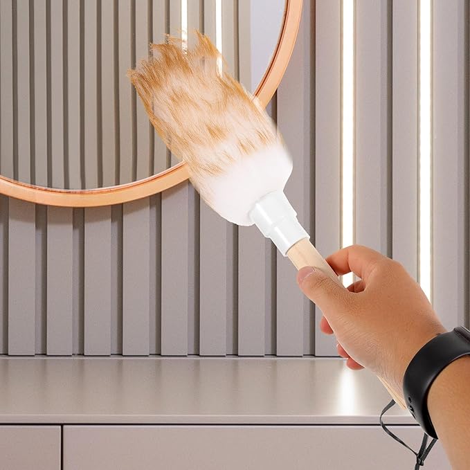VILLCASE Lambswool Duster with Wooden Handle, Small White Cleaning Tool for Home and Car Dust Removal, Washable Soft Duster for Household and Office Use
