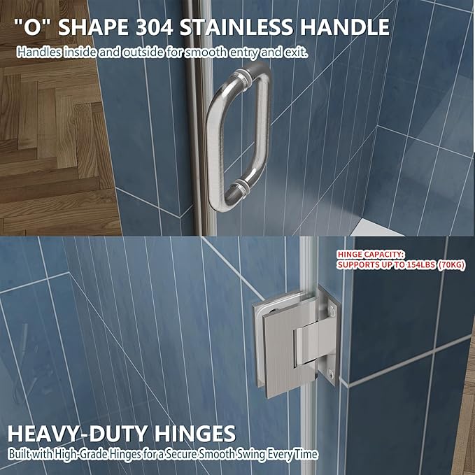 Framelss Hinged Shower Door, 36"W x 76"H Single Swing Pivot Shower Door, 3/8" (10mm) Tempered Glass with Nano Coating, Stainless Steel Handle, Glass Door for Walk-in Shower - Brushed Nickel