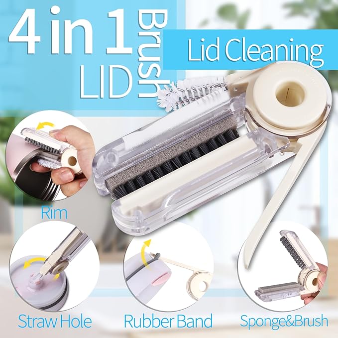 Bottle Brush Set 4 Pack - 15 Inch Long Handle Bottle Brush Cleaner with Stainless Steel Shaft, Straw Cleaner Brush and Lid Brush for Bottles, Thermos, Glasswares, Mugs, Cups, Tumblers