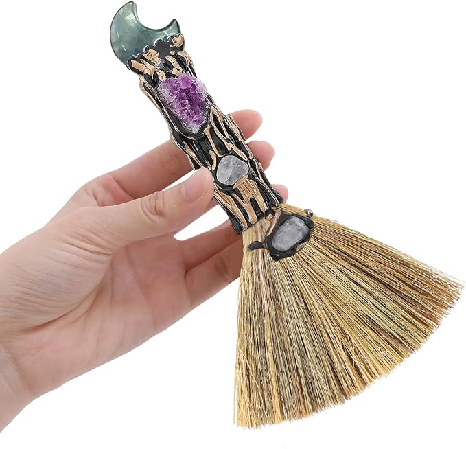 Witchcraft Supplies Witches Broom - Wiccan Decor with Moon Design Fluorite Altar Supplies with Amethyst Clusters Natural Healing Crystals Pagan Decor Reiki Energy Clearing Crafts