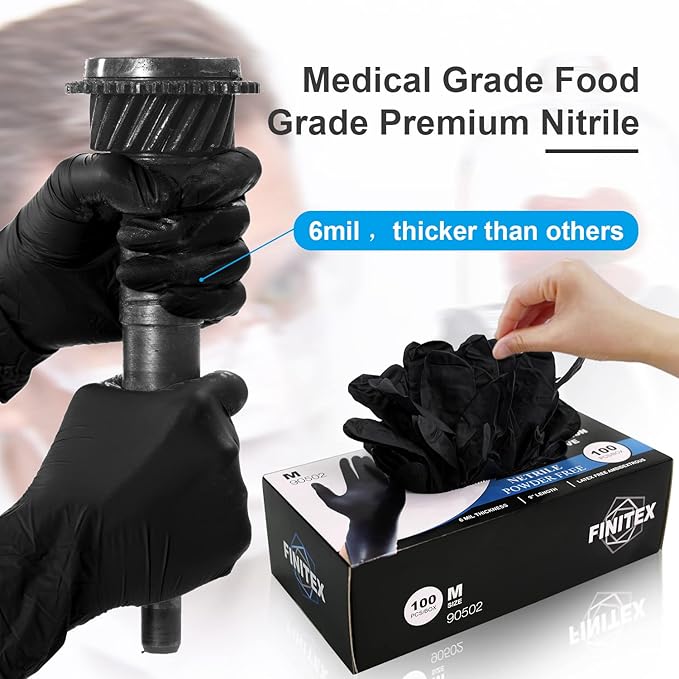 FINITEX Black Nitrile Disposable Medical Exam Gloves - 100/1000 PCS 6.3mil Powder-Free Latex-Free Food Gloves