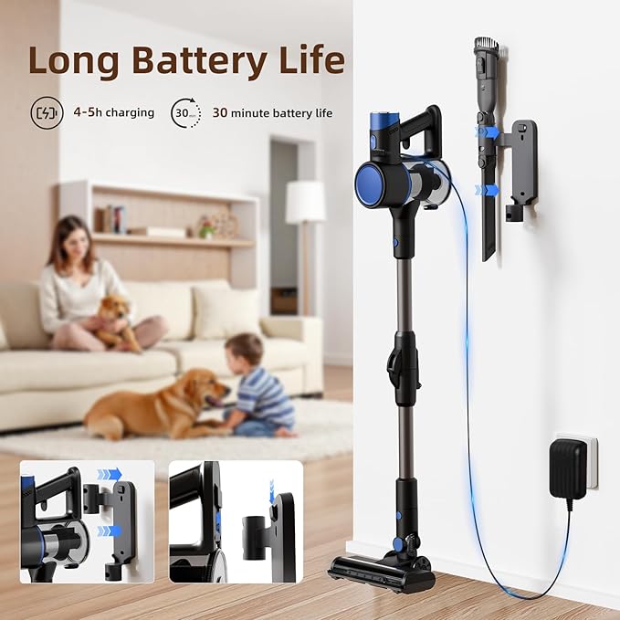 COWSAR Cordless Stick Vacuum Cleaner, Bagless Lightweight Stick Vacuum for Carpet and Floor, 8-in-1 Rechargeable Wireless Powerful Suction Vacuum Cleaner for Home, Blue