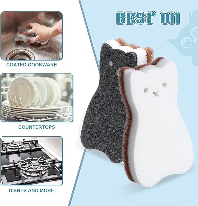 12 Pcs Cat Kitchen Sponges for Dishes Double Sided Cleaning Dish Scrub Sponge Bulk Reusable Non Scratch Scrubbers for House Cleaning Dishwashing(Cat,Colorful)