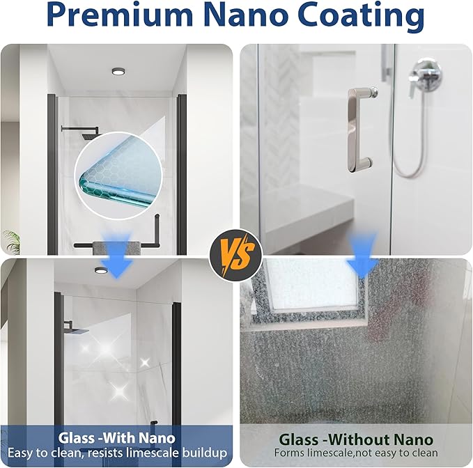 KPUY Pivot Shower Door, 36-38" W x 72" H Frameless Single Swing Glass Shower Door with Explosion-Proof Film Nano Coating, 1/4" (6mm) Thick Tempered Clear Glass, Matte Black