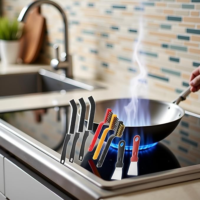 8Pcs Multicolour Kitchen Stove Cleaning Brush+Heavy Duty Scraper Tool Set for Gas Burners Cooktop Pot Pan Brass,Stainless Steel and Nylon Brush Head Brushes for Range Hood Grease Grime,Cleaning Tools