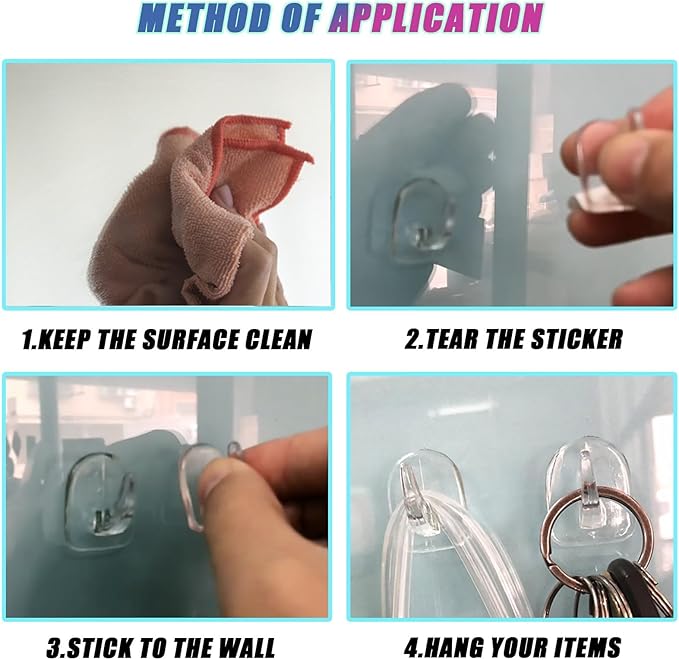 50 PCS Traceless Clear Plastic Adhesive Hooks No Damage Transparent Reusable Seamless Hooks Sticky Hangers with Non Marking Sticker for Kitchen Bathroom Bedroom Office Wall（3*2.4Cm/1.18*0.94Inches）