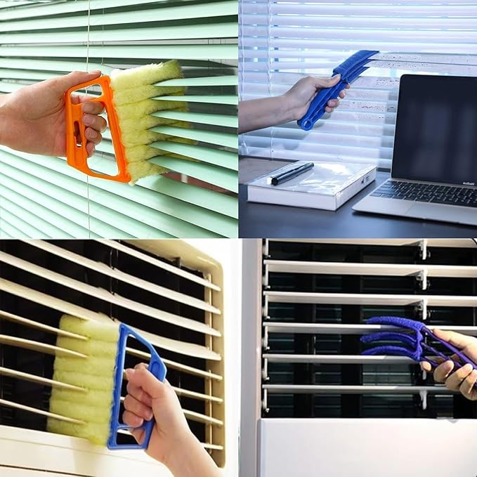 Blind Cleaner Duster Tool, 7 Finger & 3 Finger Window Venetian Blind Brushes, Washable Mini Cleaner Brush, Venetian Blinds Duster Brush for Window & Air Conditioner Fan, 2 Pack, Blue, PP+Microfiber